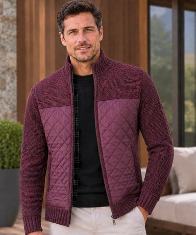Jaqueta masculina matelassê de tricot marsala vinho com zíper frontal e gola alta — cor Marsala | Won Anellimn