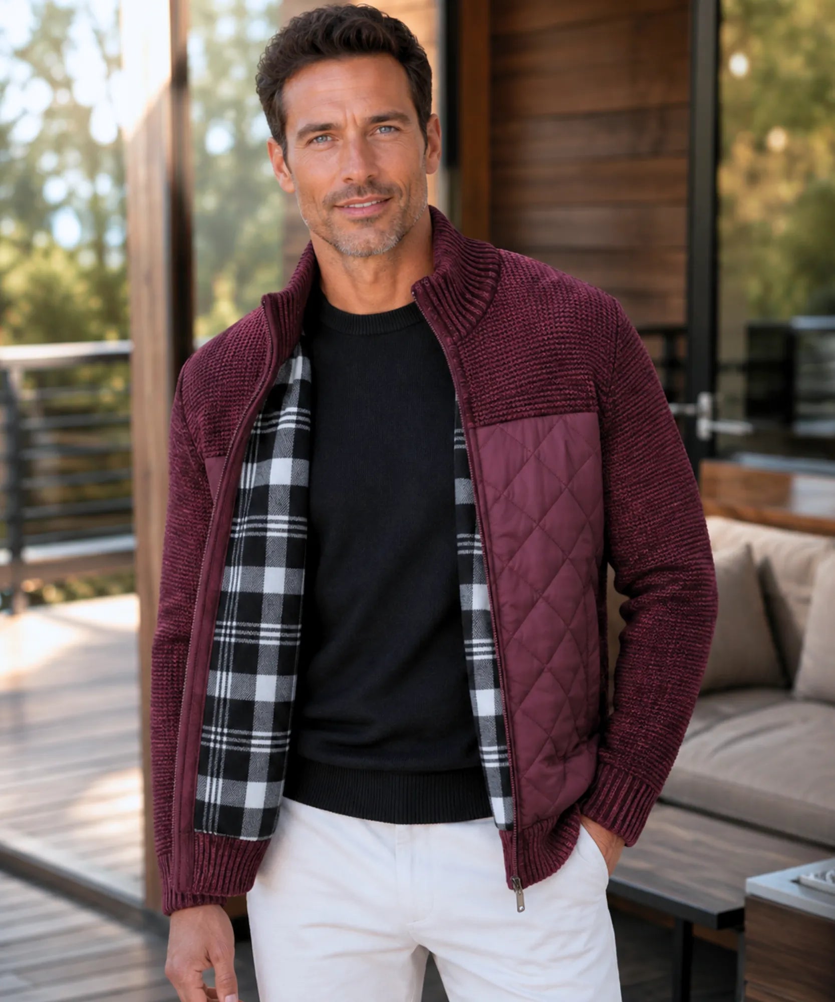 Look de inverno com jaqueta masculina matelassê marsala e camisa xadrez preto e branco | Won Anellimn