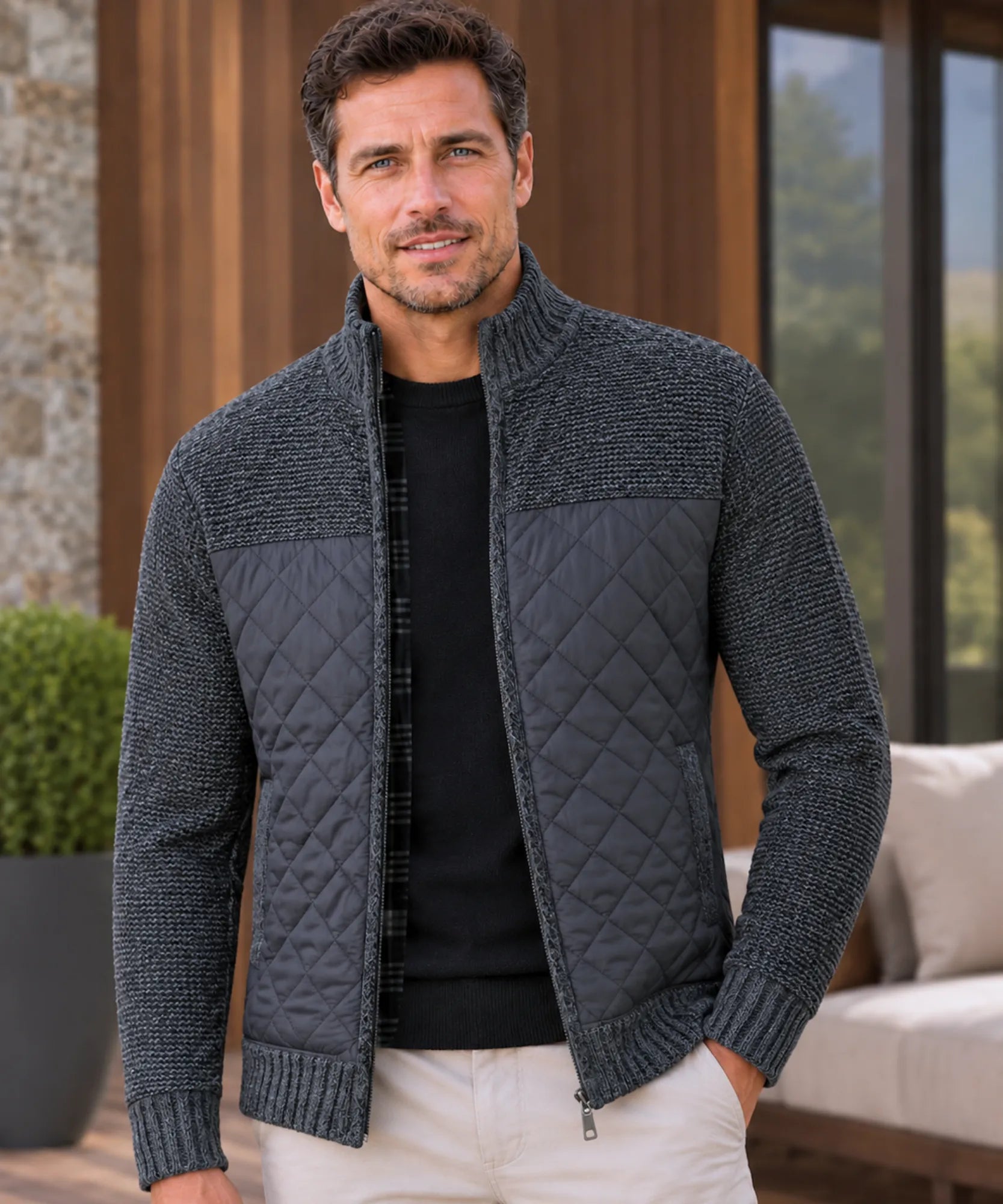 Jaqueta masculina matelassê de tricot preto mescla com forro acolchoado quente, vista frontal — cor Preto | Won Anellimn