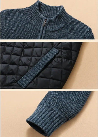 Detalhes da jaqueta masculina matelassê: gola alta com zíper, peito acolchoado e punho canelado em tricot cinza | Won Anellimn