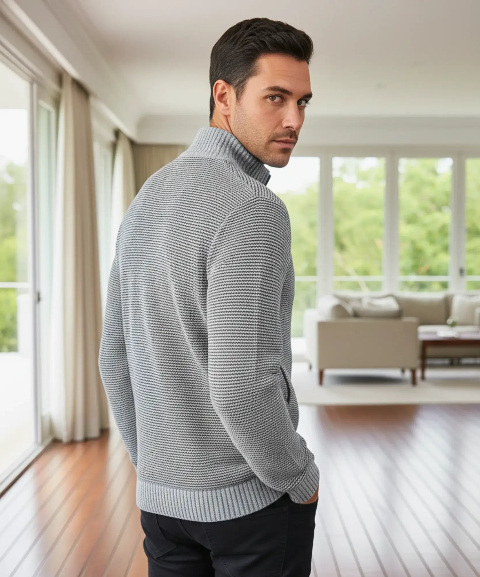 Comprar jaqueta masculina tricot matelassê zíper forro acolchoado quente confortável inverno casual barata ou em promoção