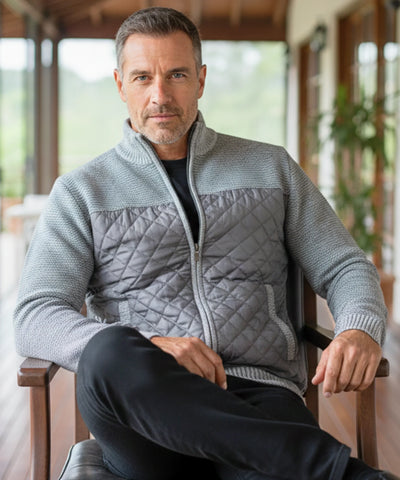 Comprar jaqueta masculina tricot matelassê zíper forro acolchoado quente confortável inverno casual barata ou em promoção