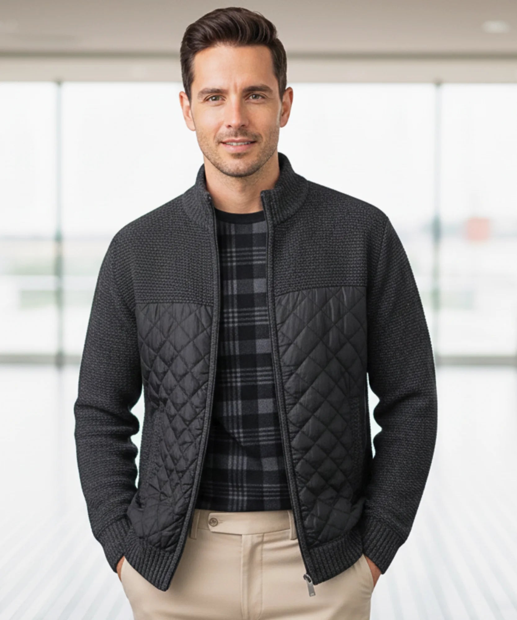 Comprar jaqueta masculina tricot matelassê zíper forro acolchoado quente confortável inverno casual barata ou em promoção