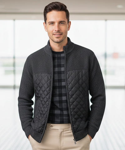 Comprar jaqueta masculina tricot matelassê zíper forro acolchoado quente confortável inverno casual barata ou em promoção