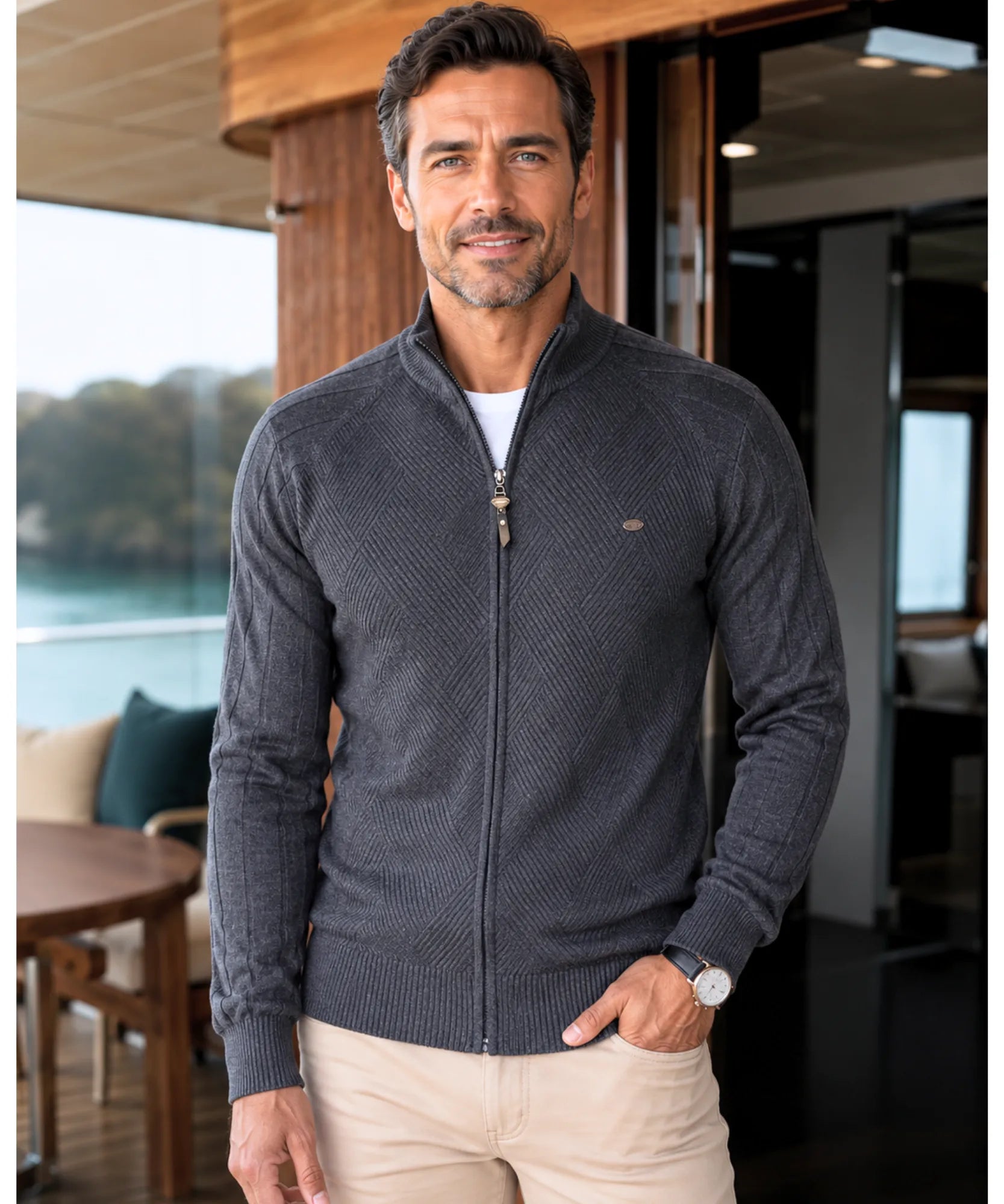 Comprar jaqueta masculina tricot texturizada com zíper para looks casuais elegantes no inverno com conforto e caimento impecável ANELLIMN