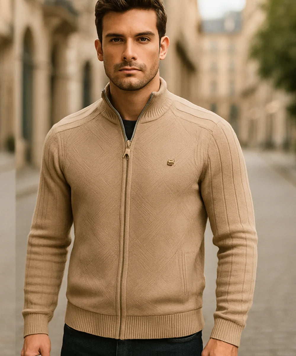 Comprar jaqueta masculina tricot texturizada com zíper para looks casuais elegantes no inverno com conforto e caimento impecável