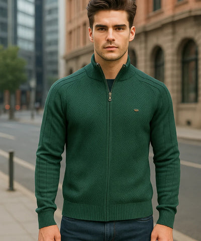 Comprar jaqueta masculina tricot texturizada com zíper para looks casuais elegantes no inverno com conforto e caimento impecável