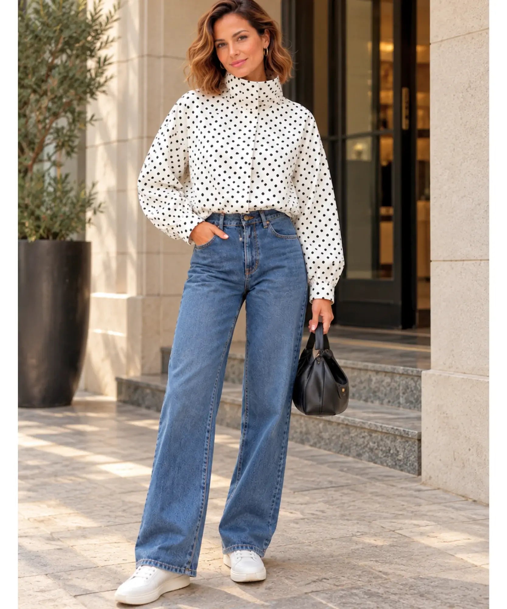 Jaqueta poá branca com calça jeans em look de corpo inteiro