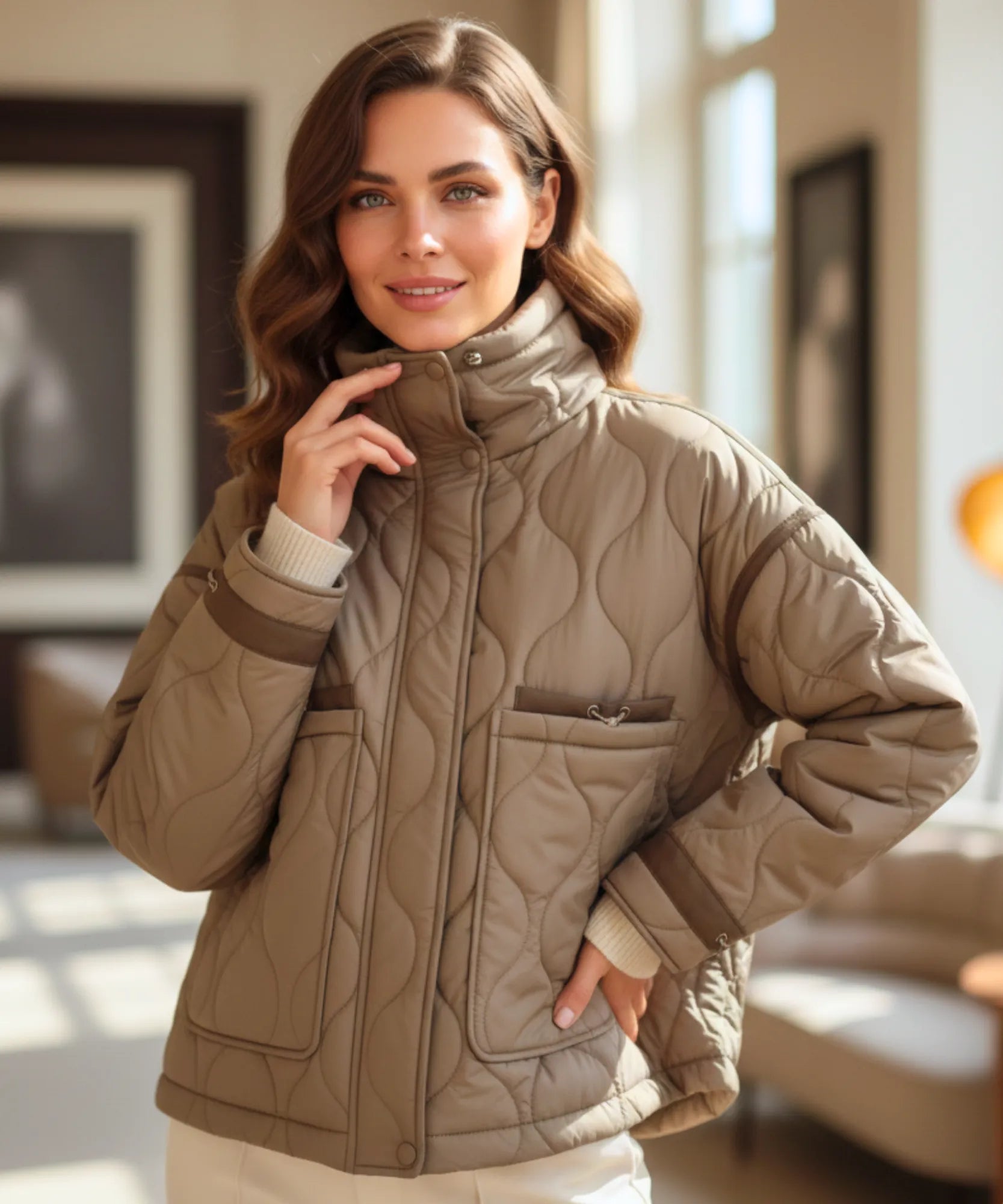 Comprar jaqueta puffer feminina marro acinzentado acolchoada oversized zíper bolsos quentinha inverno em promoção ZARA

