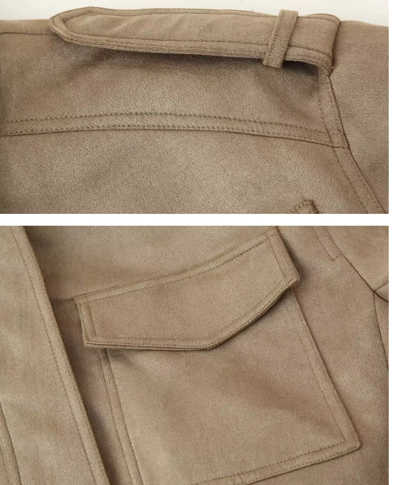 Detalhe da ombreira e do bolso com aba da jaqueta suede bege
