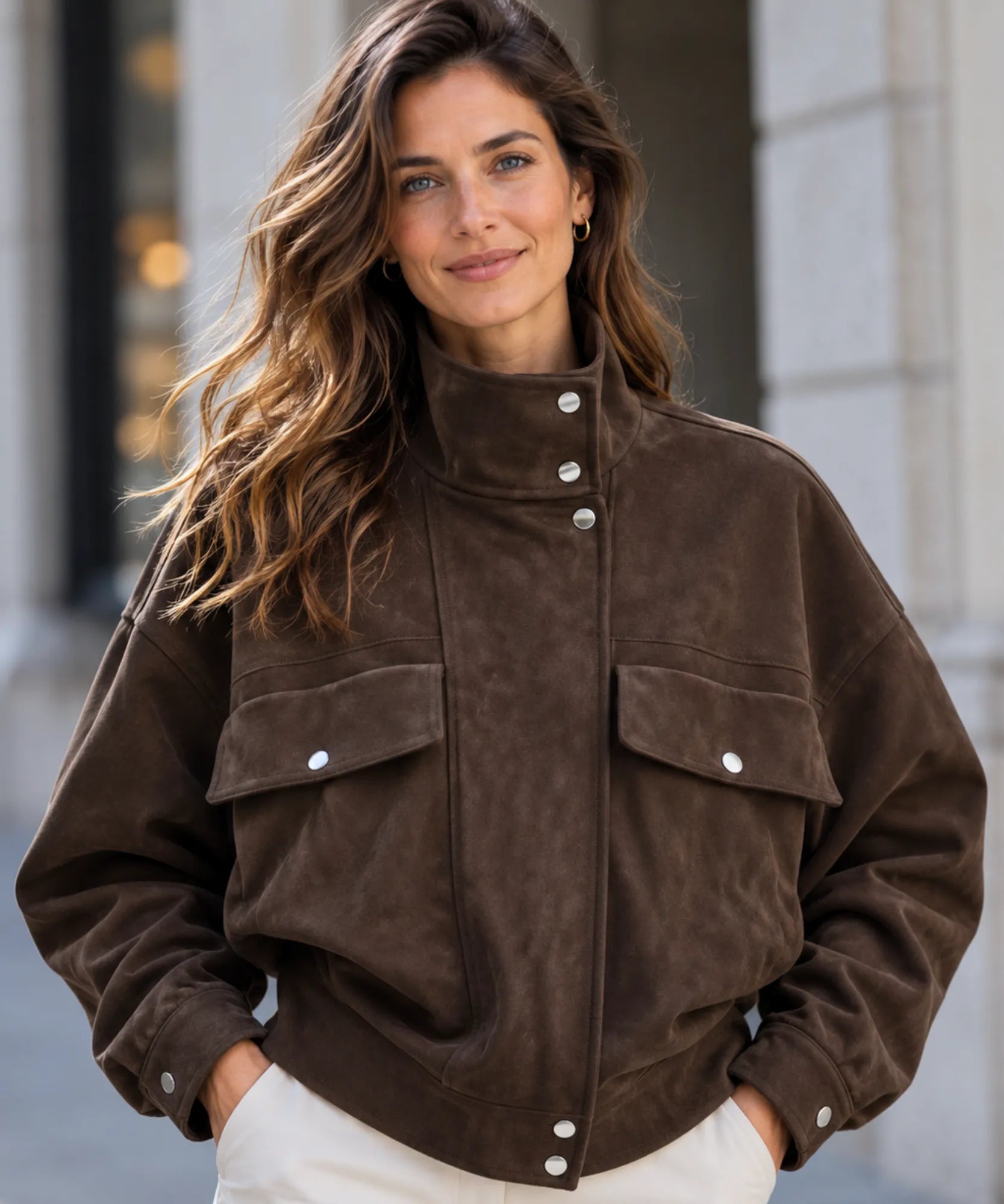 Comprar jaqueta suede feminina marrom gola alta em promoção Anellimn