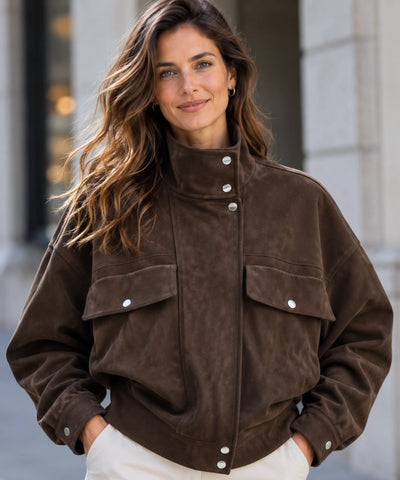 Comprar jaqueta suede feminina marrom gola alta em promoção Anellimn