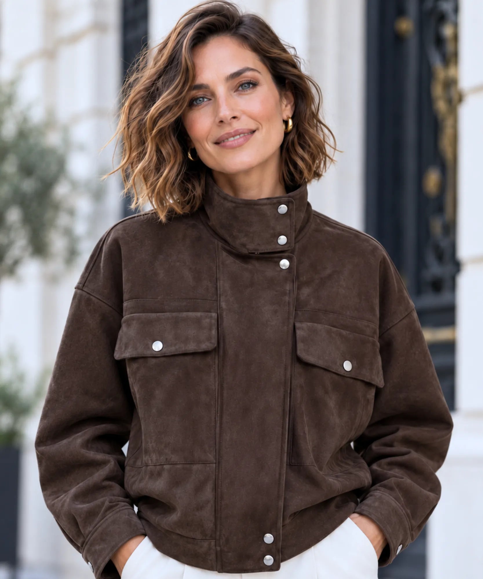 Comprar jaqueta suede feminina marrom com bolsos de lapela em promoção Anellimn