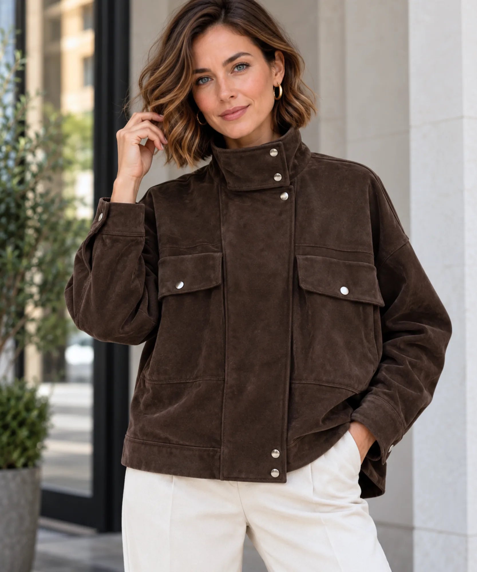 Comprar jaqueta suede feminina marrom manga longa casual em promoção Anellimn