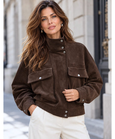 Comprar jaqueta suede feminina marrom gola alta com botões de pressão em promoção Anellimn