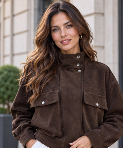 Comprar jaqueta suede feminina marrom elegante outono inverno em promoção Anellimn