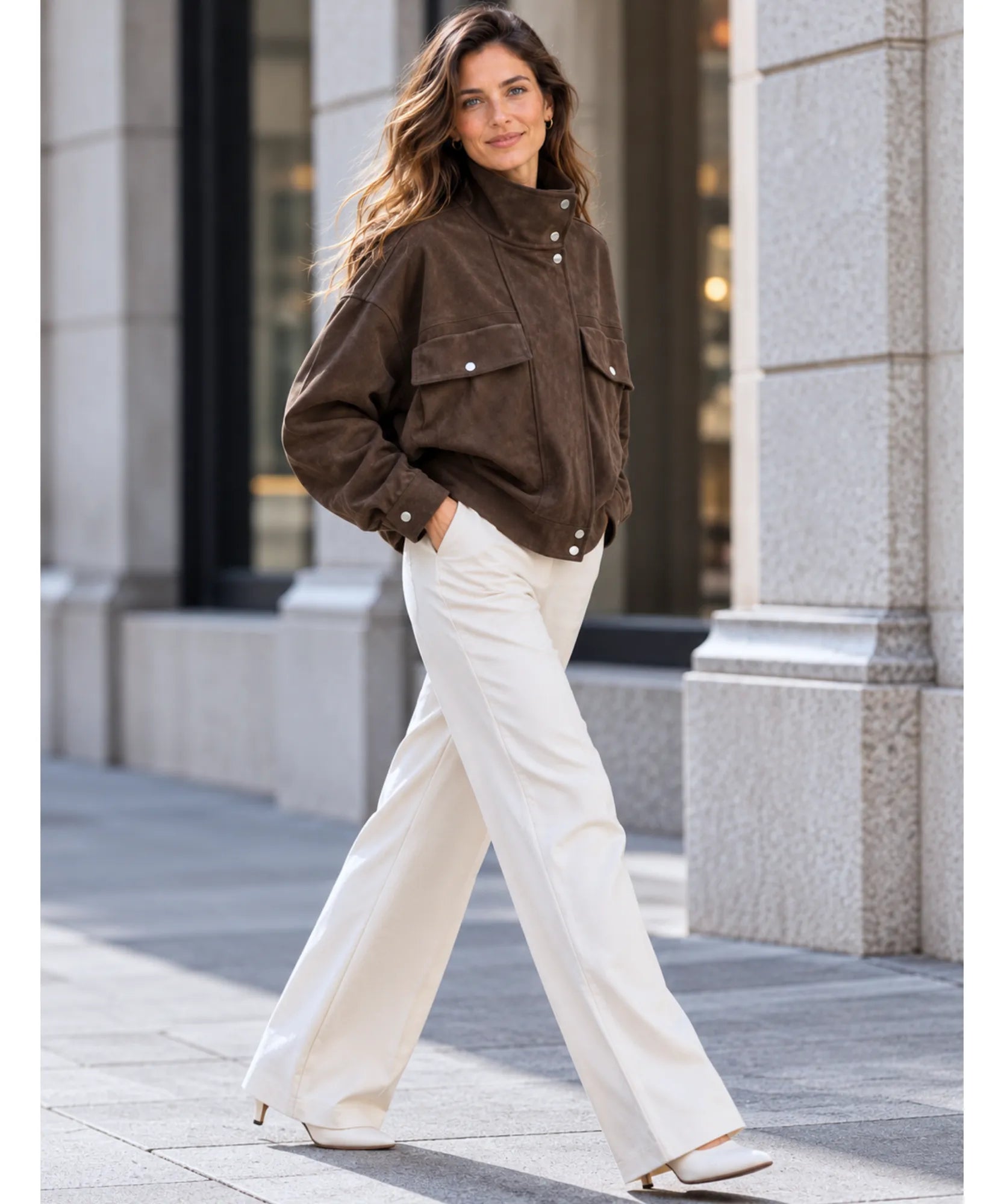Comprar jaqueta suede feminina marrom look corpo inteiro em promoção Anellimn