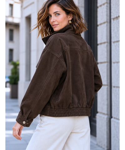 Comprar jaqueta suede feminina marrom costas com barra elástica em promoção Anellimn