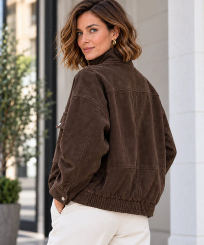 Comprar jaqueta suede feminina marrom modelagem ampla costas em promoção Anellimn