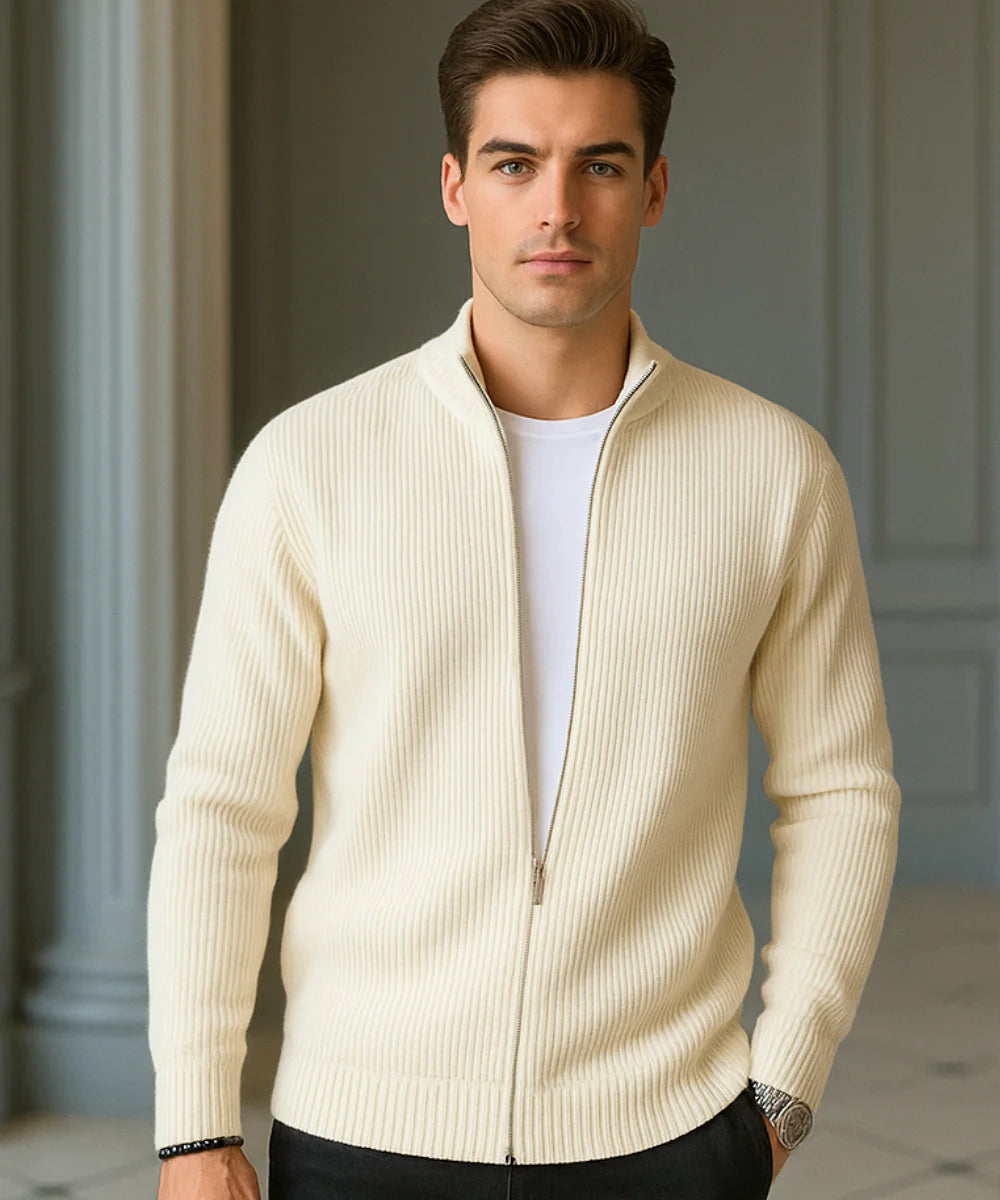 Comprar jaqueta tricot masculina com zíper e textura canelada para looks sofisticados e confortáveis no inverno