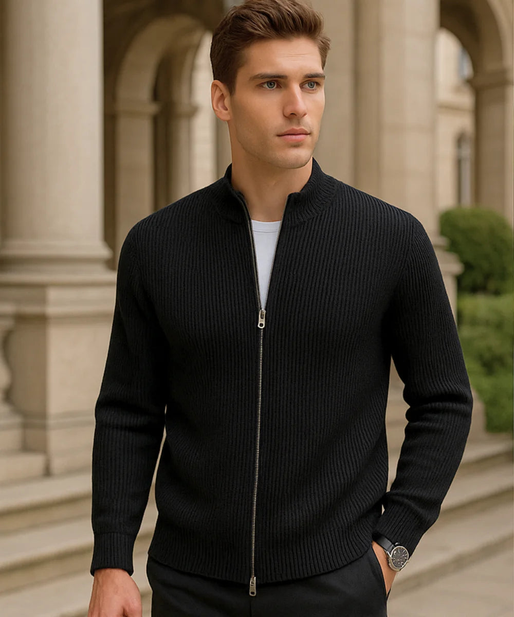 Comprar jaqueta tricot masculina com zíper e textura canelada para looks sofisticados e confortáveis no inverno