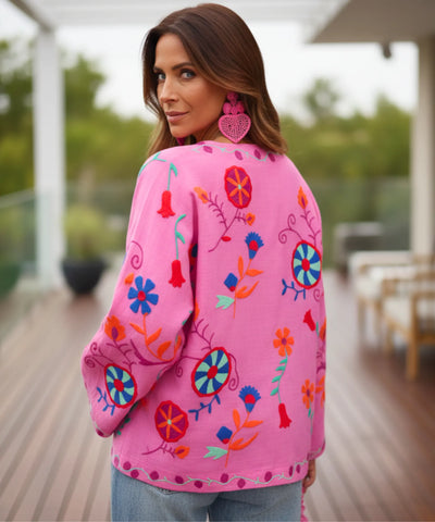 Kimono Feminino Bordado Floral Rosa Amarração Verão | Yare
