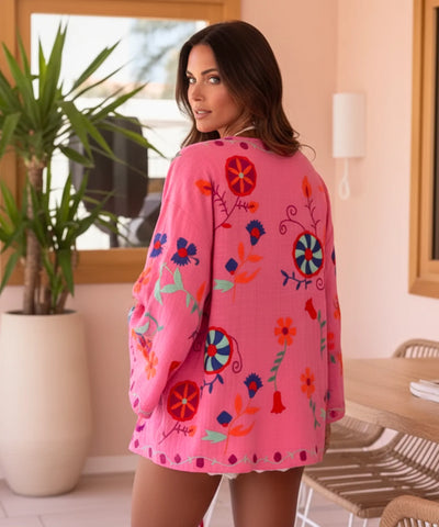Kimono Feminino Bordado Floral Rosa Amarração Verão | Yare