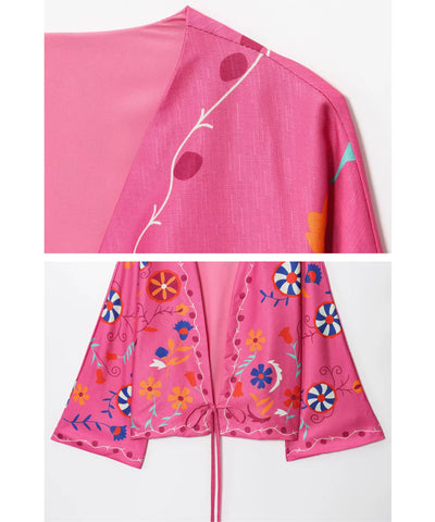 Kimono Feminino Bordado Floral Rosa Amarração Verão | Yare