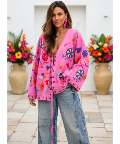 Kimono Feminino Bordado Floral Rosa Amarração Verão | Yare