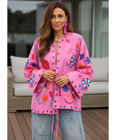 Kimono Feminino Bordado Floral Rosa Amarração Verão | Yare