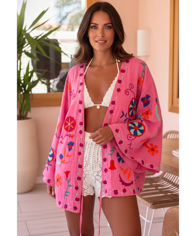 Kimono Feminino Bordado Floral Rosa Amarração Verão | Yare