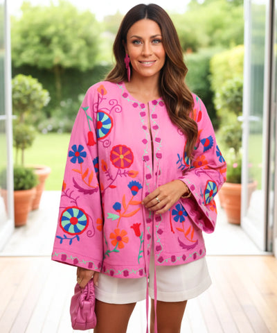 Kimono Feminino Bordado Floral Rosa Amarração Verão | Yare