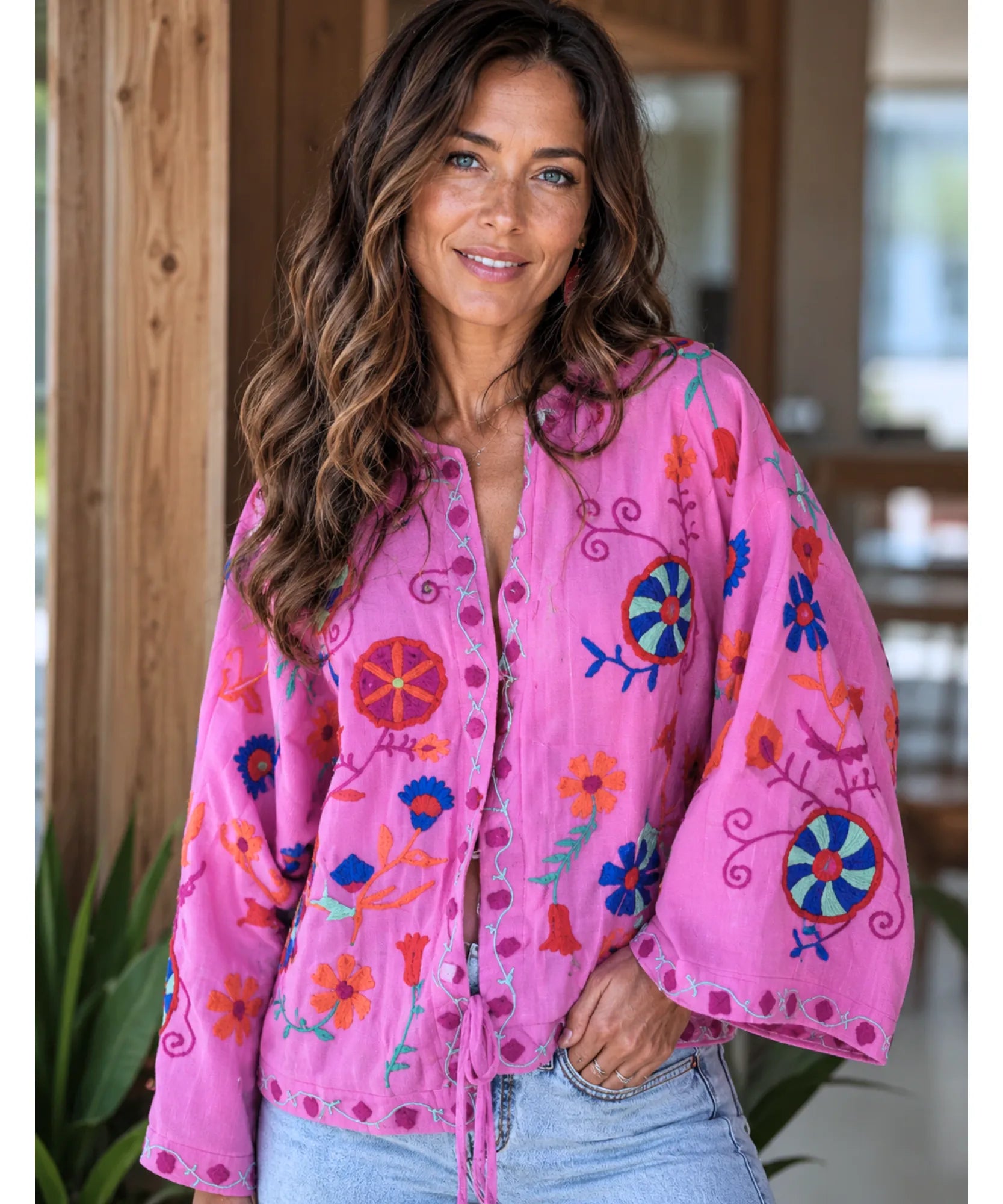 Comprar kimono feminino bordado floral rosa barato Anellimn