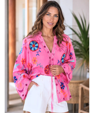 Comprar kimono feminino bordado floral rosa barato Anellimn
