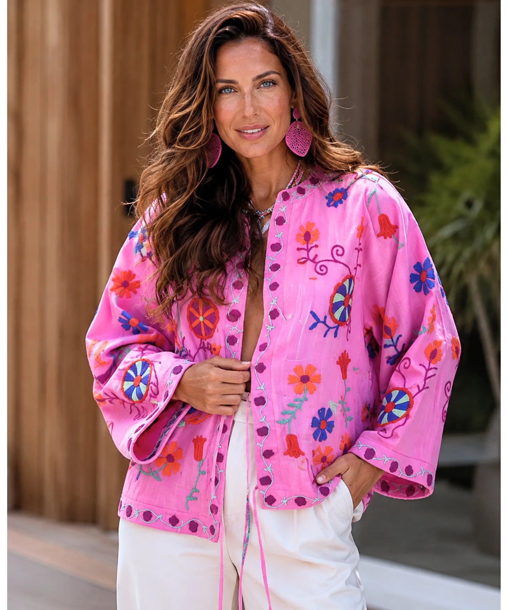 Comprar kimono feminino bordado floral rosa barato Anellimn