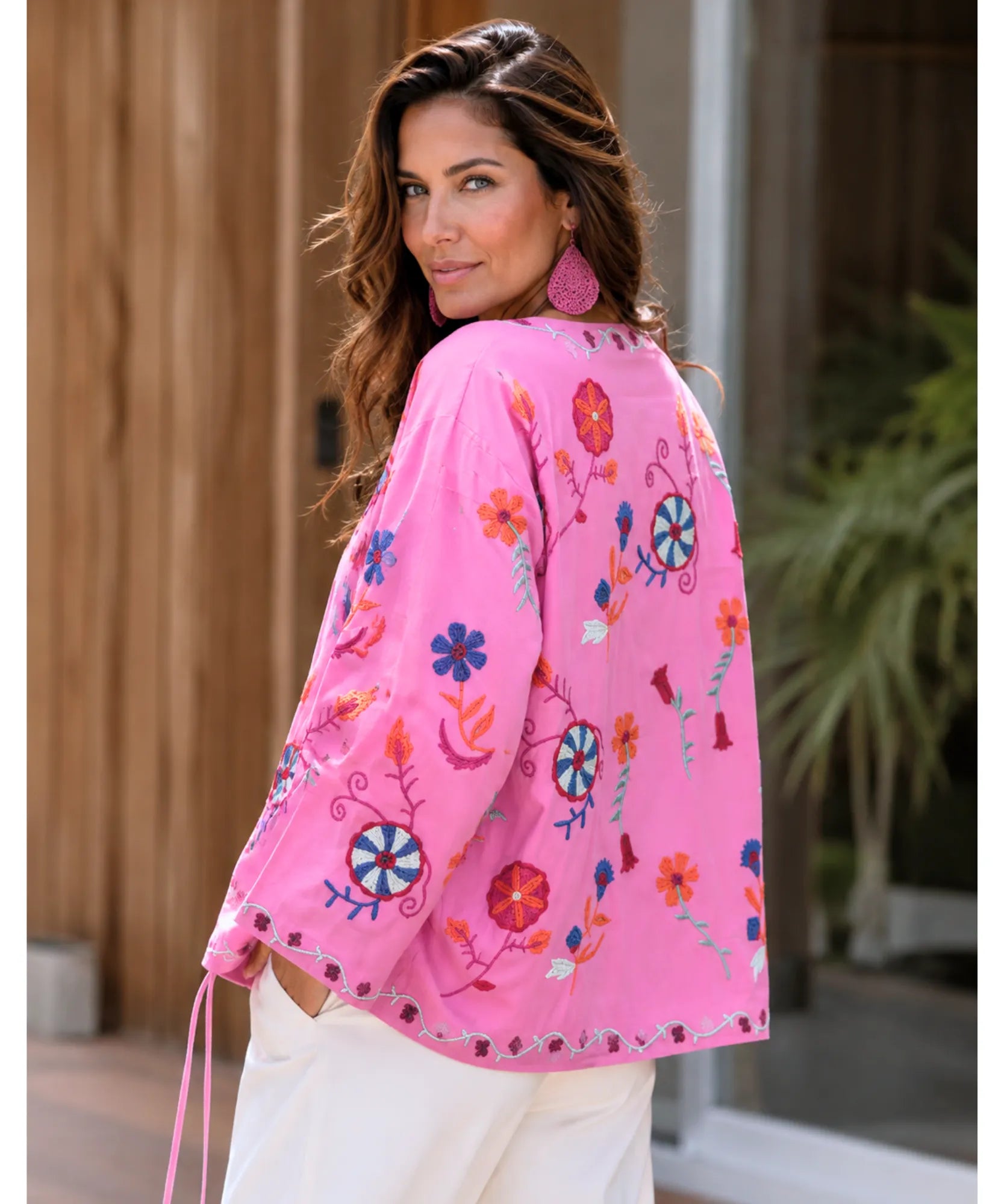 Comprar kimono feminino bordado floral rosa barato Anellimn