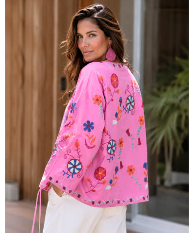 Comprar kimono feminino bordado floral rosa barato Anellimn