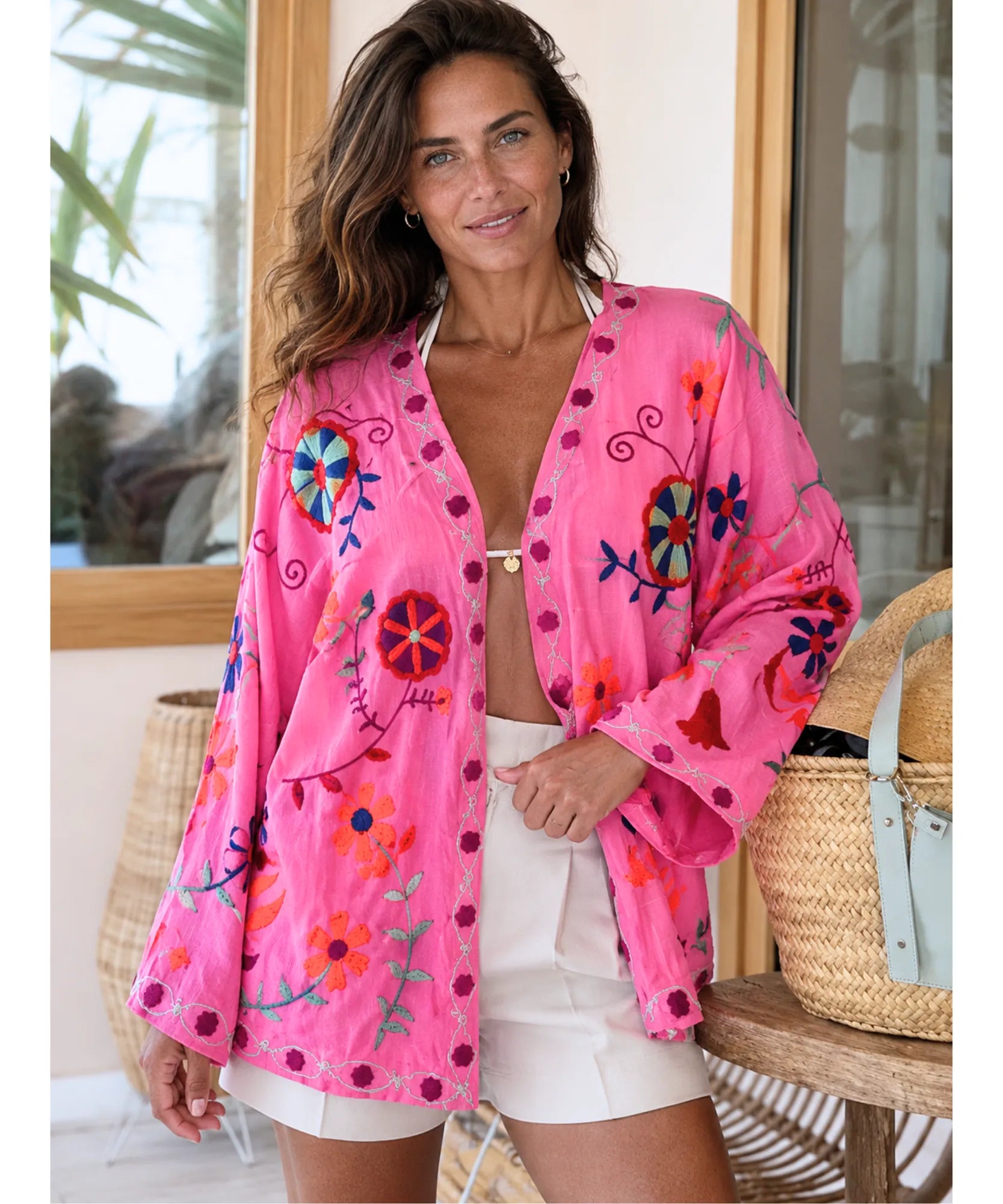 Comprar kimono feminino bordado floral rosa barato Anellimn