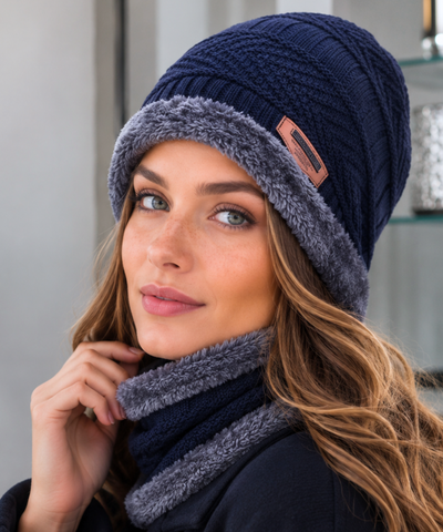 Comprar kit gorro feminino cachecol gola tricot forro pelúcia inverno conjunto 2 peças patch couro promoção ZARA