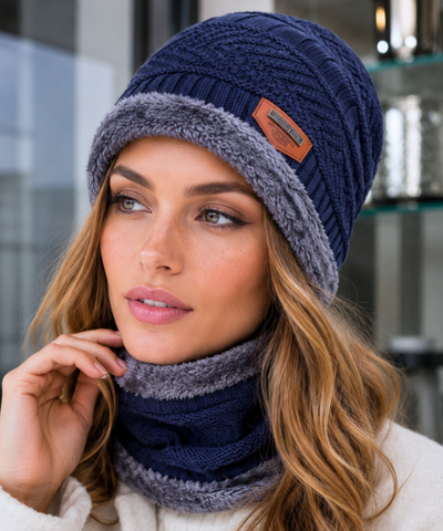 Comprar kit gorro feminino cachecol gola tricot forro pelúcia inverno conjunto 2 peças patch couro promoção ZARA