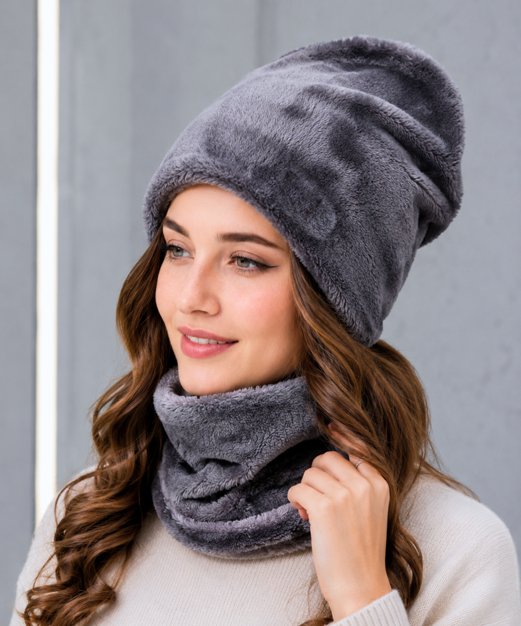 Comprar kit gorro feminino cachecol gola tricot forro pelúcia inverno conjunto 2 peças patch couro promoção ZARA