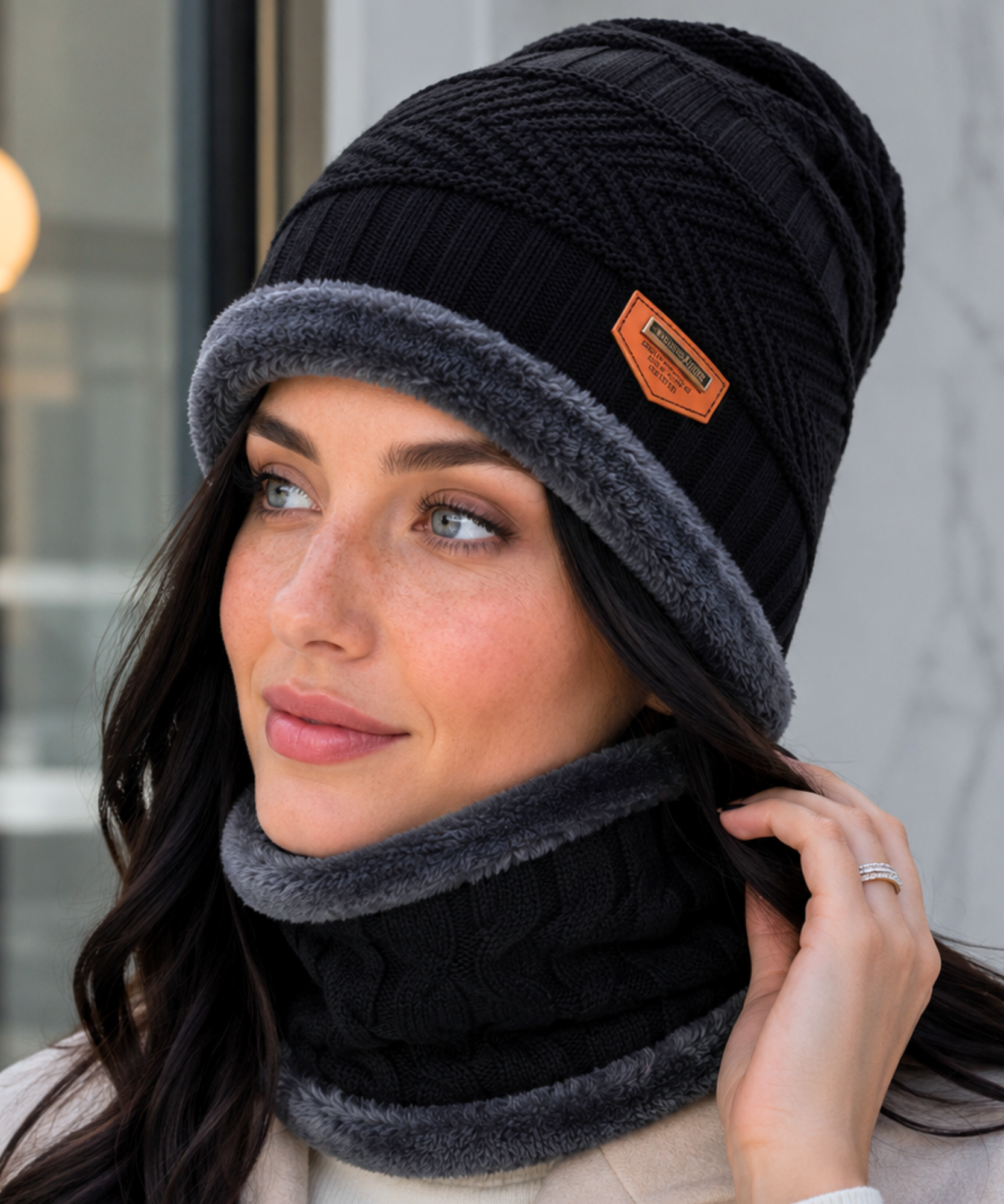 Comprar kit gorro feminino cachecol gola tricot forro pelúcia inverno conjunto 2 peças patch couro promoção ZARA