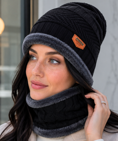 Comprar kit gorro feminino cachecol gola tricot forro pelúcia inverno conjunto 2 peças patch couro promoção ZARA