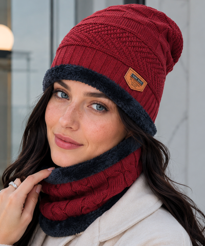 Comprar kit gorro feminino cachecol gola tricot forro pelúcia inverno conjunto 2 peças patch couro promoção ZARA