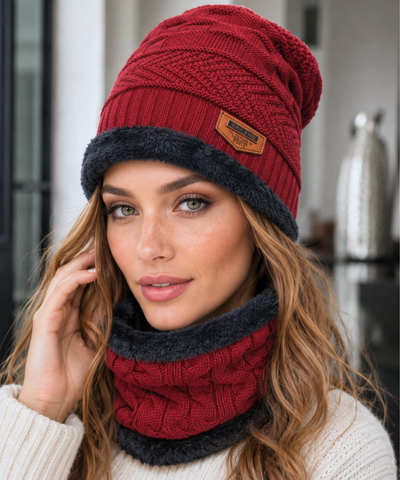 Comprar kit gorro feminino cachecol gola tricot forro pelúcia inverno conjunto 2 peças patch couro promoção ZARA