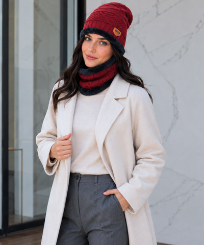 Comprar kit gorro feminino cachecol gola tricot forro pelúcia inverno conjunto 2 peças patch couro promoção ZARA