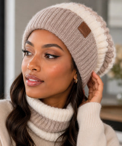 Comprar kit touca e cachecol feminino tricot oversized forro veludo gola circular inverno 2 peças barata em promoção ANELLIMN  