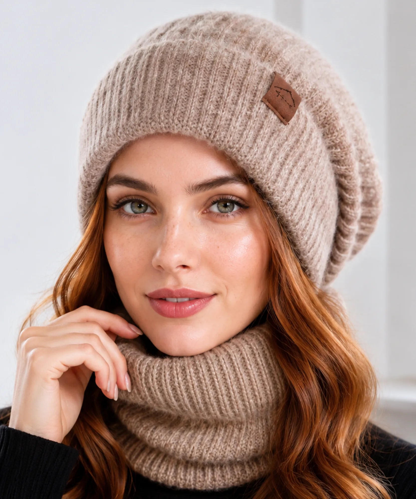 Comprar kit touca e cachecol feminino tricot oversized forro veludo gola circular inverno 2 peças barata em promoção ANELLIMN  
