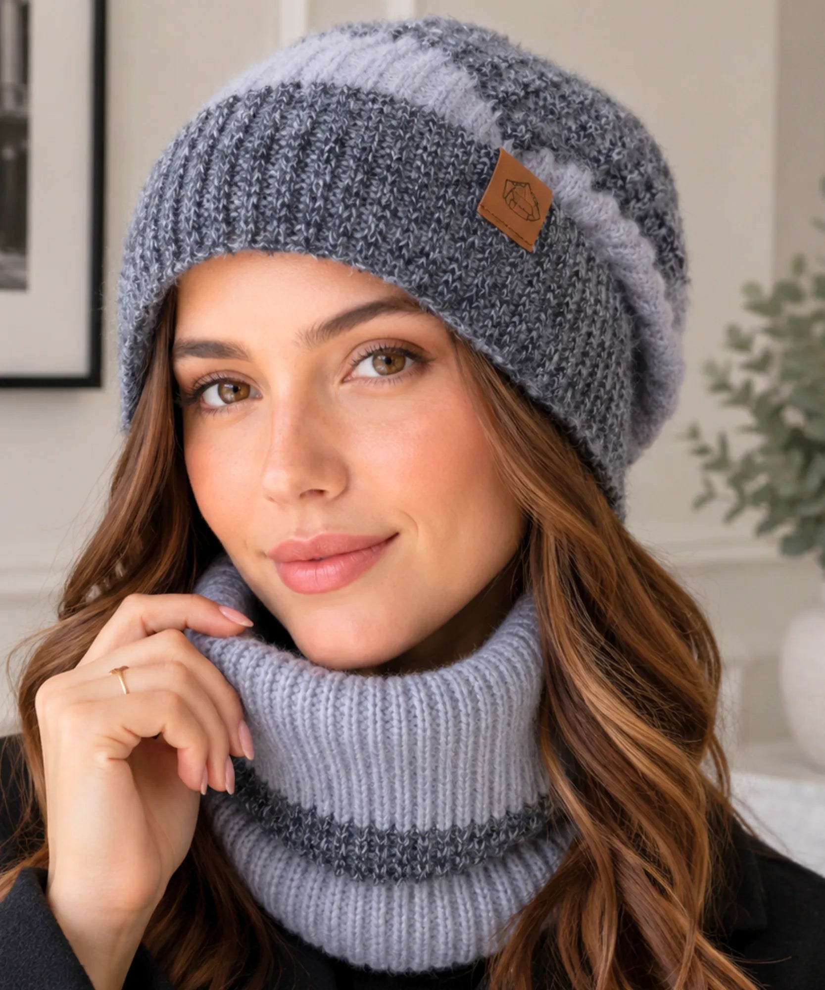 Comprar kit touca e cachecol feminino tricot oversized forro veludo gola circular inverno 2 peças barata em promoção ANELLIMN  