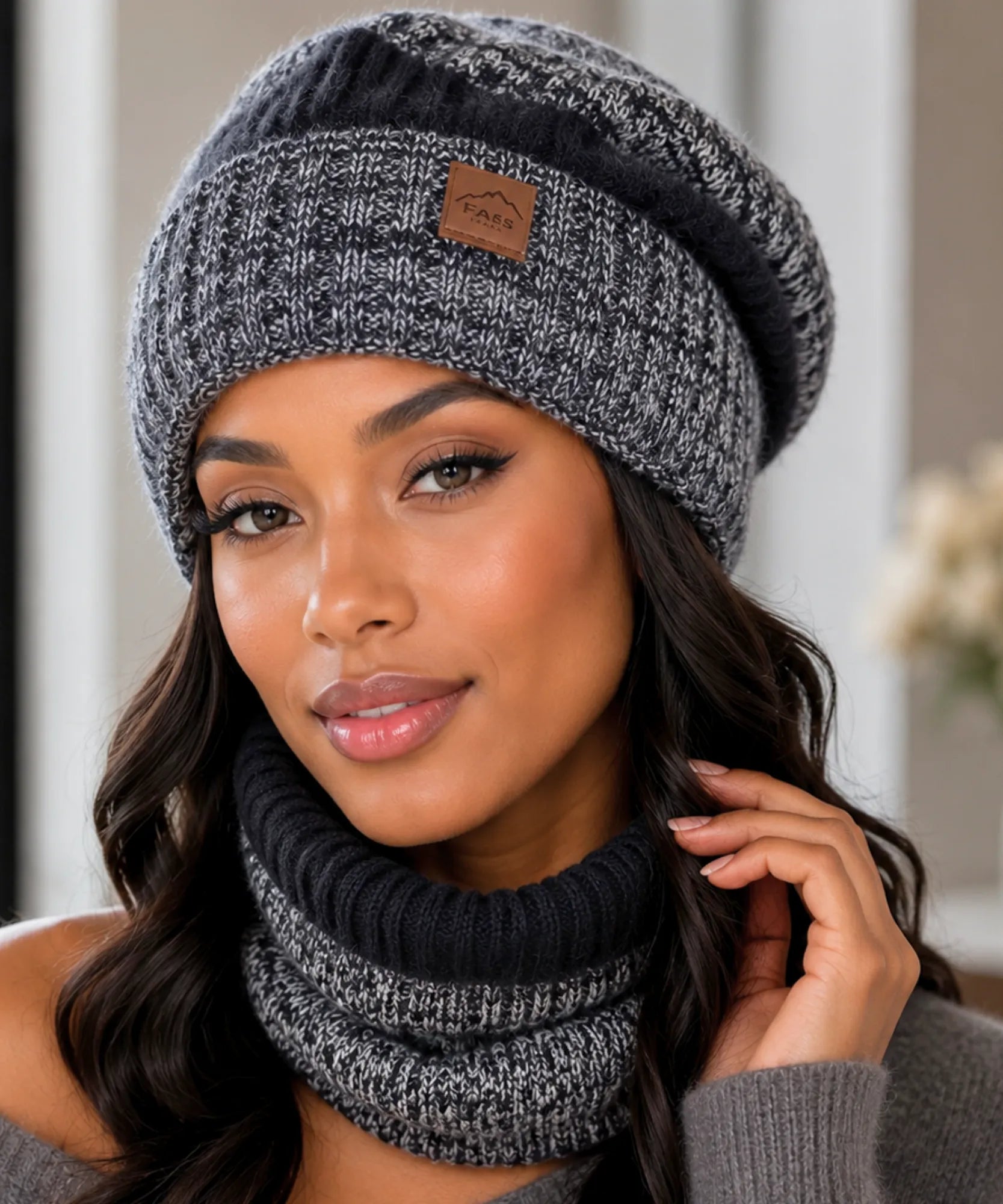 Comprar kit touca e cachecol feminino tricot oversized forro veludo gola circular inverno 2 peças barata em promoção ANELLIMN  